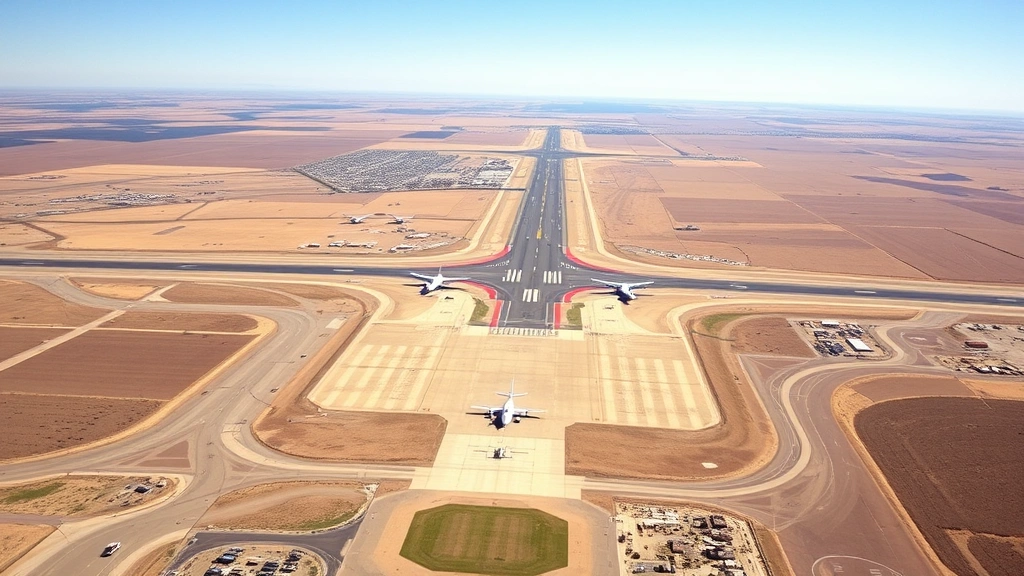 Aerial view of Lubbock Preston Smith International Airport with West Texas plains extending to horizon, runway visible, clear sunny day, aircraft on tarmac, no text visible