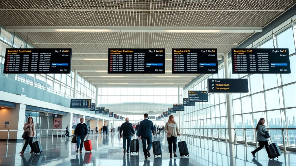 Modern airport terminal interior with departure boards, travelers walking with luggage, bright natural lighting, contemporary architecture, no identifying text or airline logos readable