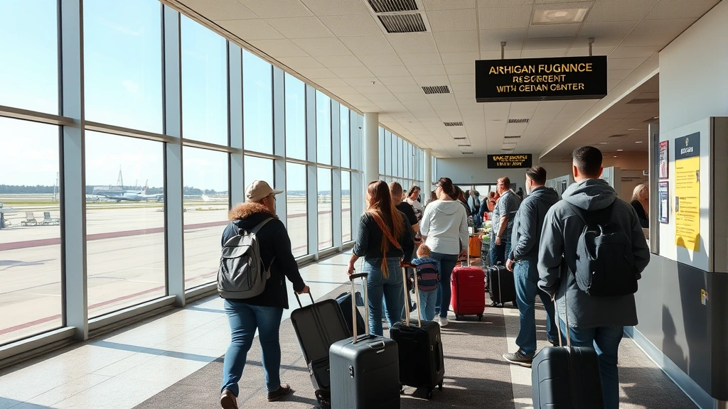 Small regional airport terminal with passengers checking luggage at counter, Michigan landscape visible through windows, bright natural lighting, realistic travel photography