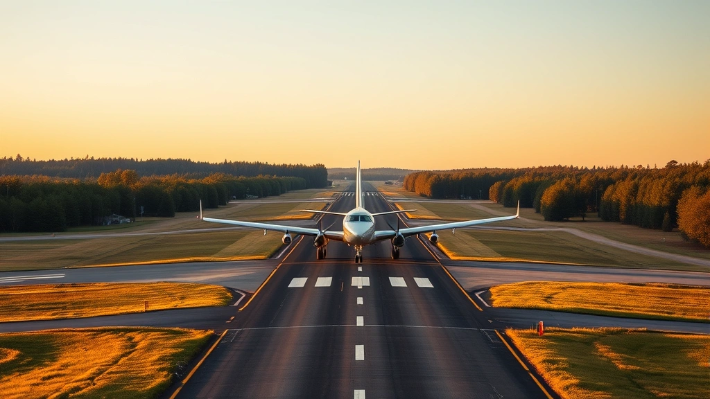 Cherry Capital Airport runway with aircraft landing or taxiing, forested Michigan terrain surrounding airfield, late afternoon golden light, professional aviation photography