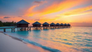 Tropical turquoise water with white sand beach and overwater bungalows at sunset in the Maldives, vibrant colors, serene atmosphere