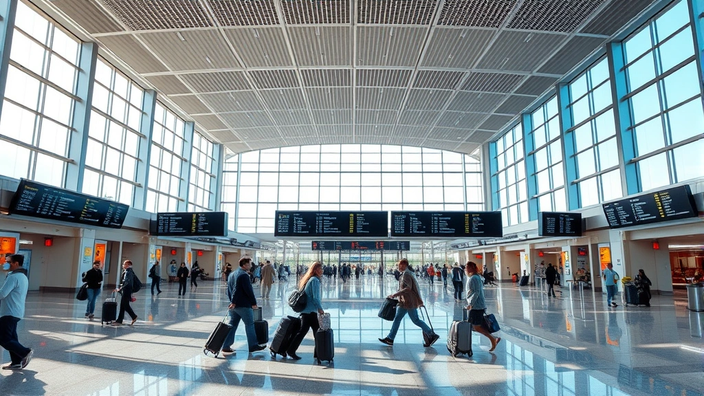 Modern airport terminal interior with departure boards and travelers with luggage, bright natural lighting, contemporary architecture