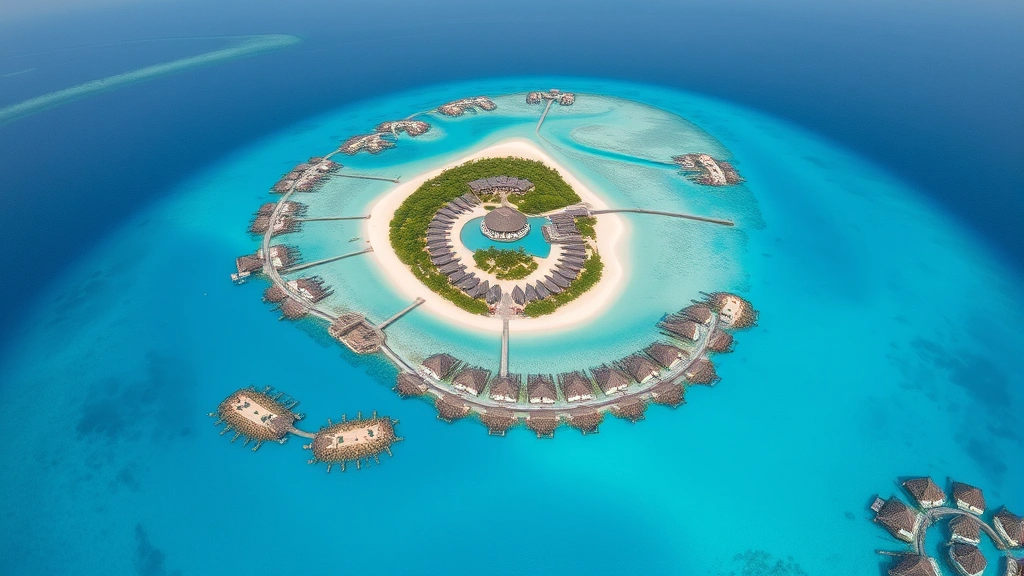 Aerial view of Maldives island resort surrounded by coral reefs and crystalline water, drone photography perspective, daytime