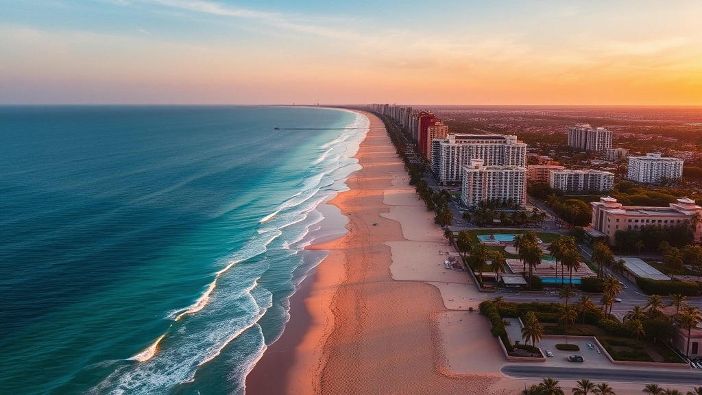 Aerial view of Mazatlán's golden beaches and turquoise Pacific Ocean with resort buildings and palm trees lining the shoreline at sunset