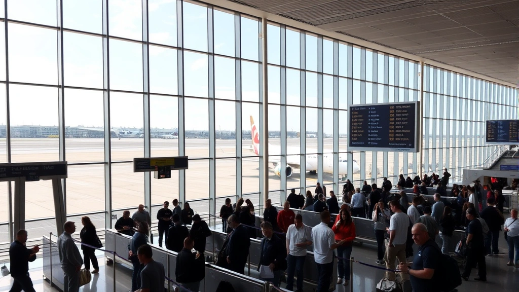 Modern airport terminal interior with passengers waiting at gates, departure boards, and large windows showing aircraft at tarmac