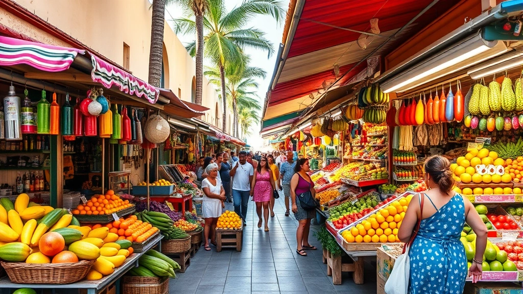 Colorful traditional Mexican street market in Mazatlán with vibrant vendor stalls, fresh tropical fruits, and local shoppers exploring