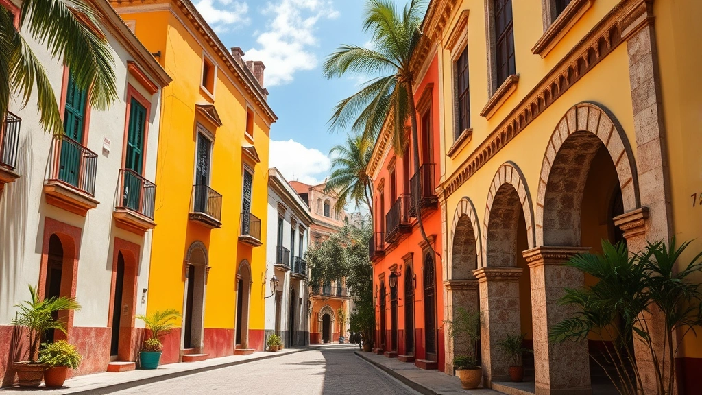 Merida colonial architecture with colorful pastel buildings and stone archways, tropical vegetation, warm sunlight, no people, photorealistic travel photography