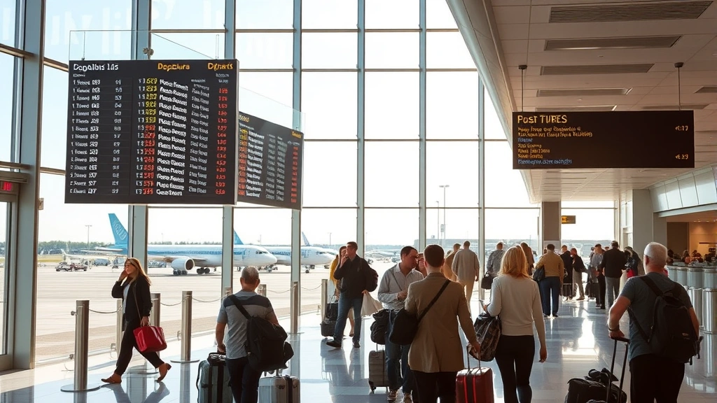 Modern airport departure hall with flight information displays, travelers with luggage, glass windows showing planes, bright natural lighting, bustling atmosphere
