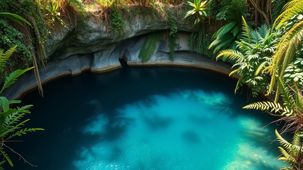 Cenote natural sinkhole in Yucatan jungle surrounded by lush green vegetation and limestone cliffs, clear turquoise water, bright daylight, no people visible