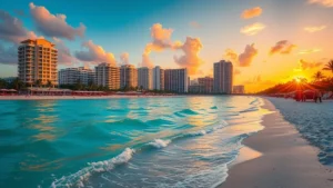 Vibrant Miami beach at sunset with turquoise water, white sand, and Art Deco buildings in background, photorealistic travel photography