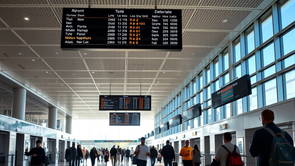 Modern airport terminal with travelers walking through corridor, digital departure boards overhead, natural light streaming through windows