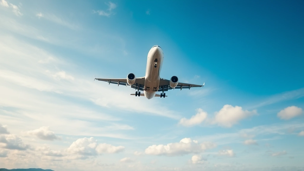Commercial airplane in flight against blue sky with clouds, captured from ground level showing aircraft ascending over landscape