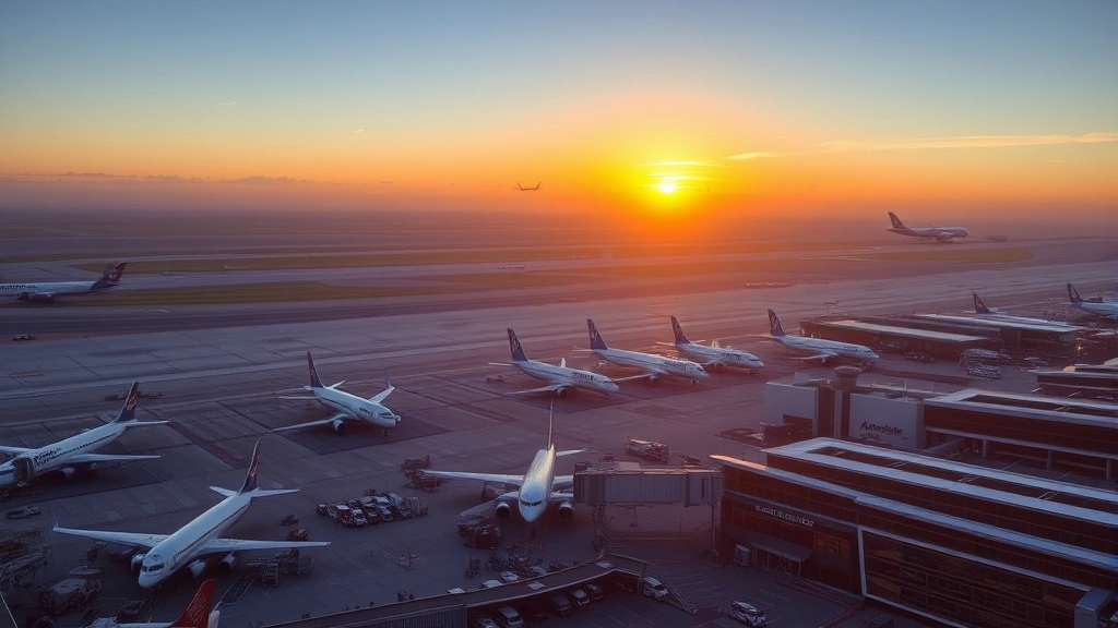 Aerial view of Atlanta Hartsfield-Jackson International Airport with planes parked at gates, sunrise lighting, runway visible in background, modern terminal infrastructure