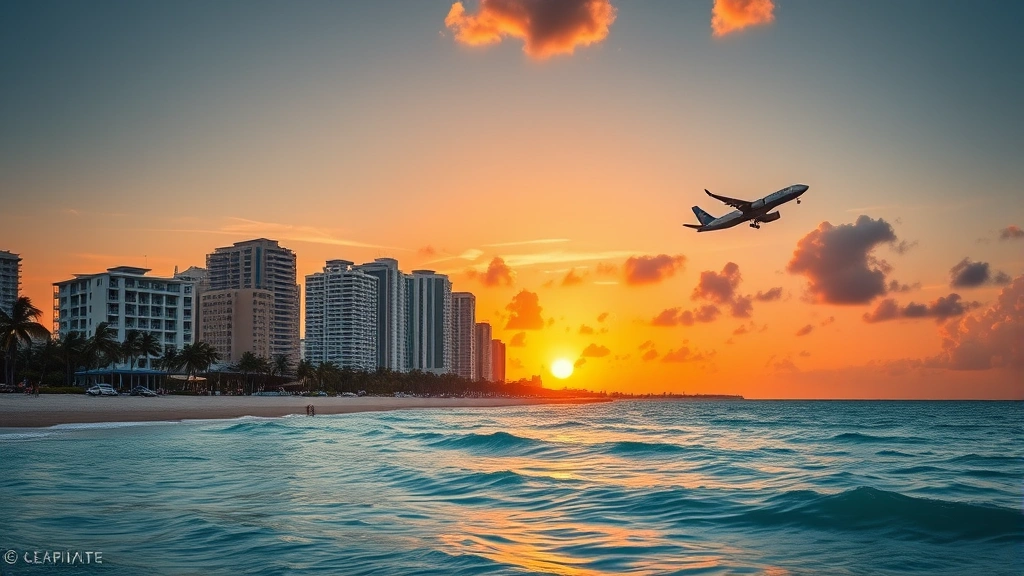 Miami beachfront skyline at sunset with art deco buildings, turquoise ocean waters, palm trees, commercial airplane approaching for landing in distance