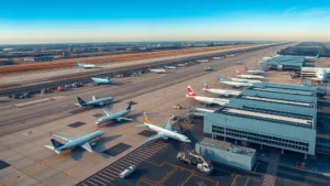 Aerial view of Newark Liberty International Airport with multiple aircraft parked at gates, clear blue sky, morning sunlight reflecting off runways and terminal buildings, photorealistic