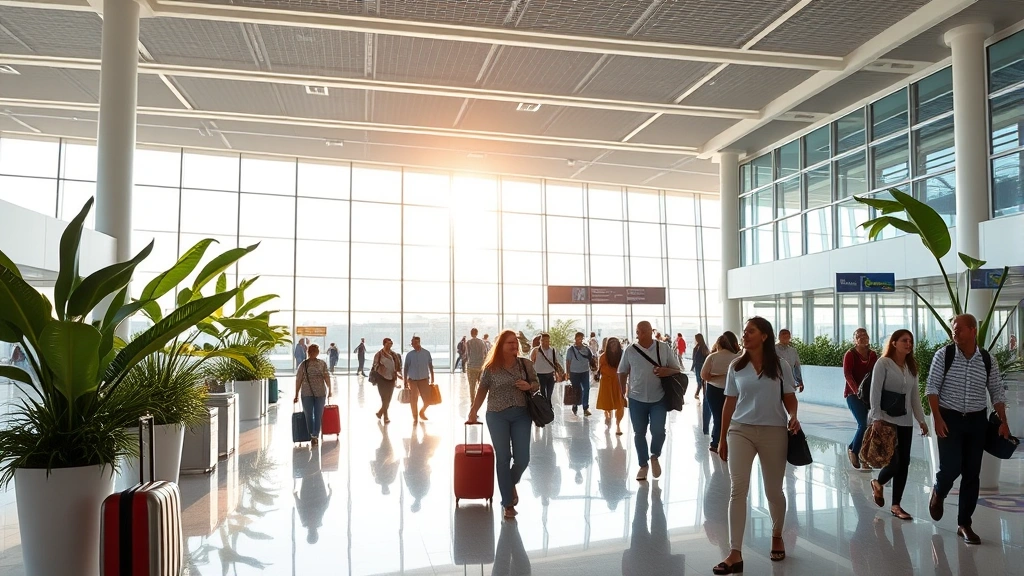 Passengers walking through modern Miami International Airport terminal with tropical plants, bright natural lighting through large windows, diverse travelers with luggage, vibrant contemporary architecture
