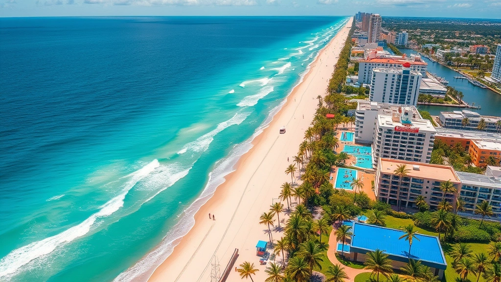 Overhead shot of Miami beach coastline with turquoise ocean water, white sandy beaches, palm trees lining the shore, colorful beachfront buildings, sunny tropical day, photorealistic travel destination