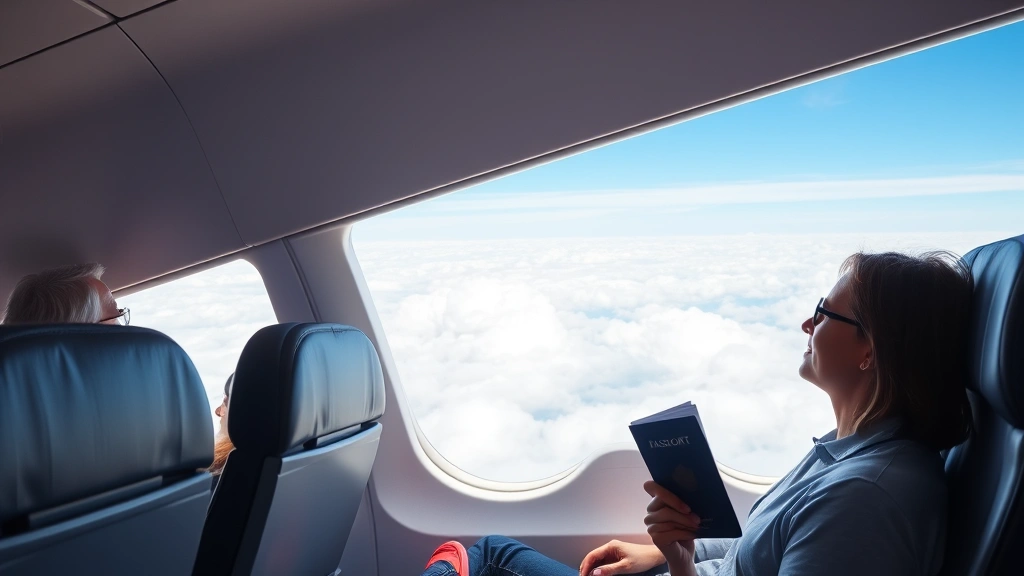 Passengers relaxing in airplane cabin during flight, window view showing clouds and blue sky, traveler holding boarding pass and passport, modern aircraft interior with comfortable seating