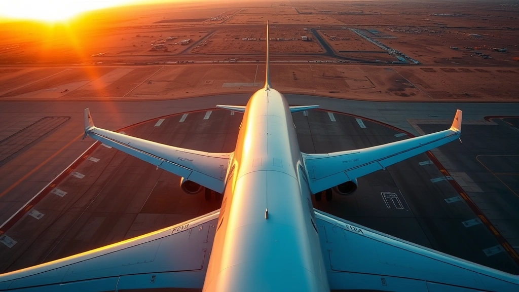 Overhead view of commercial aircraft on tarmac at sunset, warm golden light reflecting off fuselage, desert landscape visible below