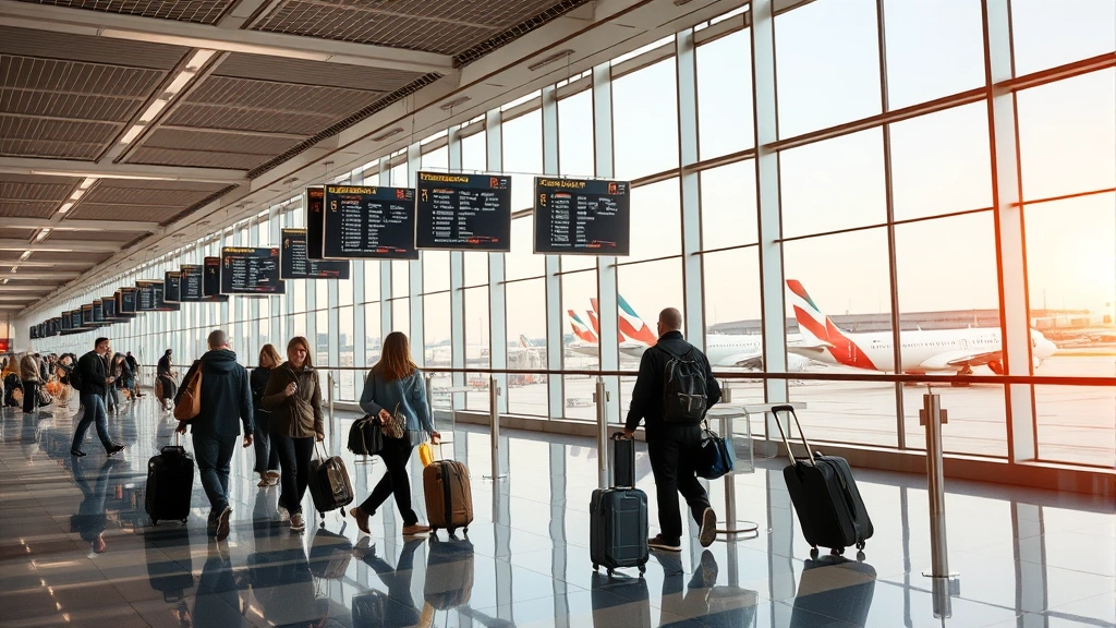 Modern airport terminal interior with travelers with luggage, departure boards, large windows showing parked aircraft, bright professional lighting