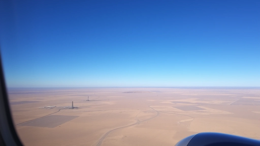 Scenic West Texas landscape with desert, oil derricks on horizon, clear blue sky, taken from aircraft window at cruising altitude