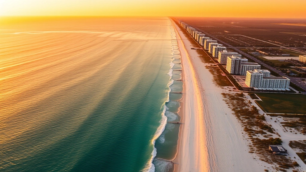 Aerial view of Mississippi Gulf Coast beaches with turquoise water, white sand, and resort buildings along the shoreline during golden hour sunset