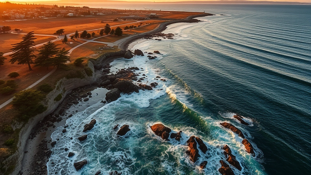 Aerial view of Monterey Bay coastline with rocky shores, crashing waves, cypress trees, and Monterey Regional Airport visible in the distance during golden hour sunset, photorealistic travel photography