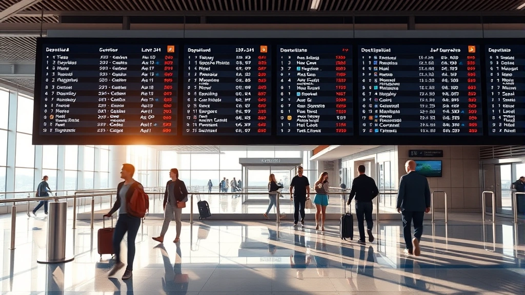 Modern airport departure board displaying flight times and destinations, with travelers walking through bright airport terminal, natural lighting from windows, photorealistic travel scene