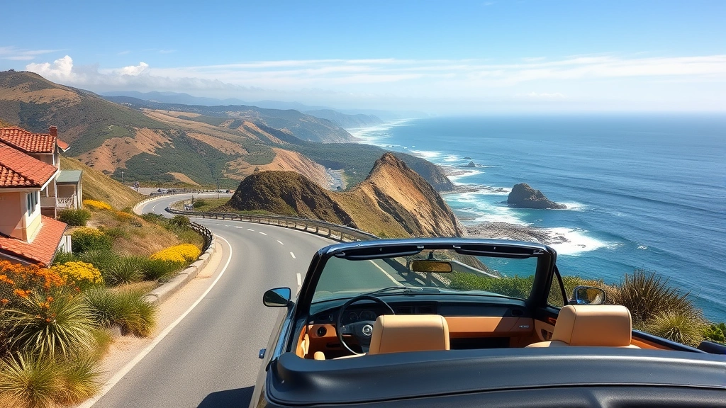 Scenic Pacific Coast Highway drive near Monterey with convertible car, ocean views, coastal cliffs, and wildflowers, sunny California day, photorealistic travel destination imagery