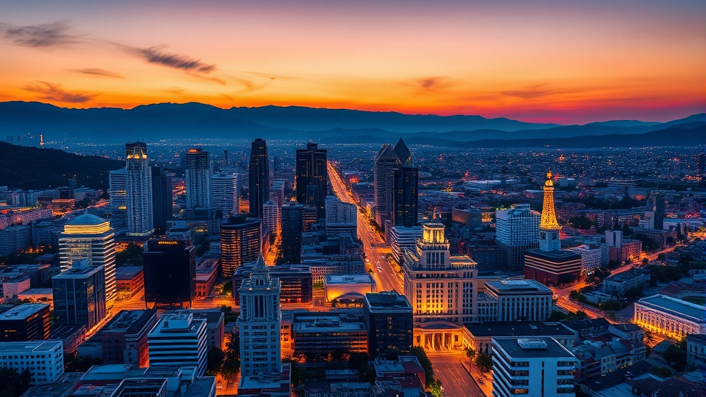 Aerial view of Monterrey skyline at sunset with Sierra Madre mountains in background, modern cityscape with illuminated buildings, vibrant evening light reflecting off Macroplaza, photorealistic travel photography