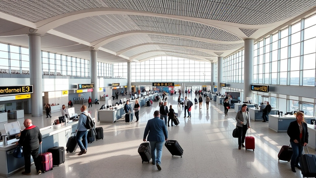 Monterrey International Airport modern terminal interior with contemporary architecture, check-in counters, travelers with luggage, natural light streaming through windows, professional airport environment