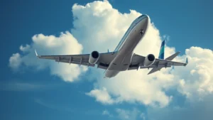 Modern commercial aircraft in flight against blue sky, photographed from below showing sleek fuselage and extended wings, dramatic clouds in background, photorealistic detail