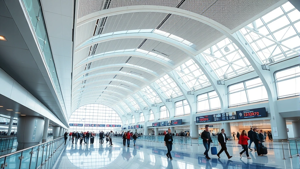 Sheremetyevo International Airport modern terminal interior with high ceilings, natural light, contemporary architecture, travelers walking through spacious corridors, departure boards visible in background