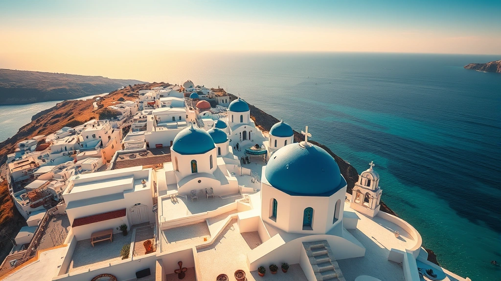 Aerial view of Mykonos with whitewashed buildings, blue-domed churches, and turquoise Mediterranean Sea, golden sunset lighting, photorealistic travel photography