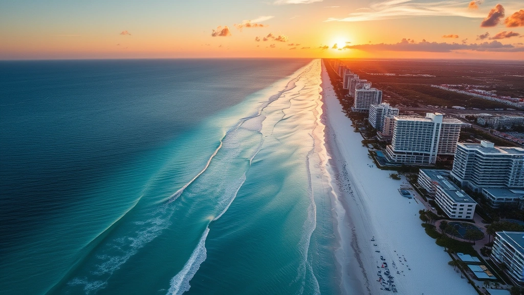 Aerial view of Naples, Florida coastline with white sandy beaches, turquoise Gulf waters, and upscale beachfront resort buildings at sunset, photorealistic travel photography