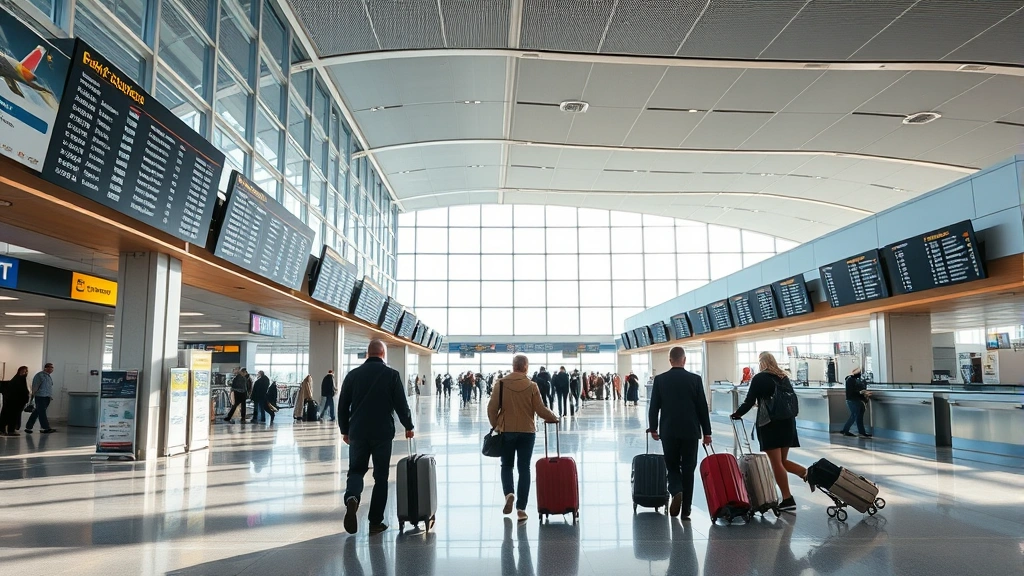 Modern airport terminal interior showing departure boards, travelers with luggage, and airline counter area with natural lighting, commercial aviation environment