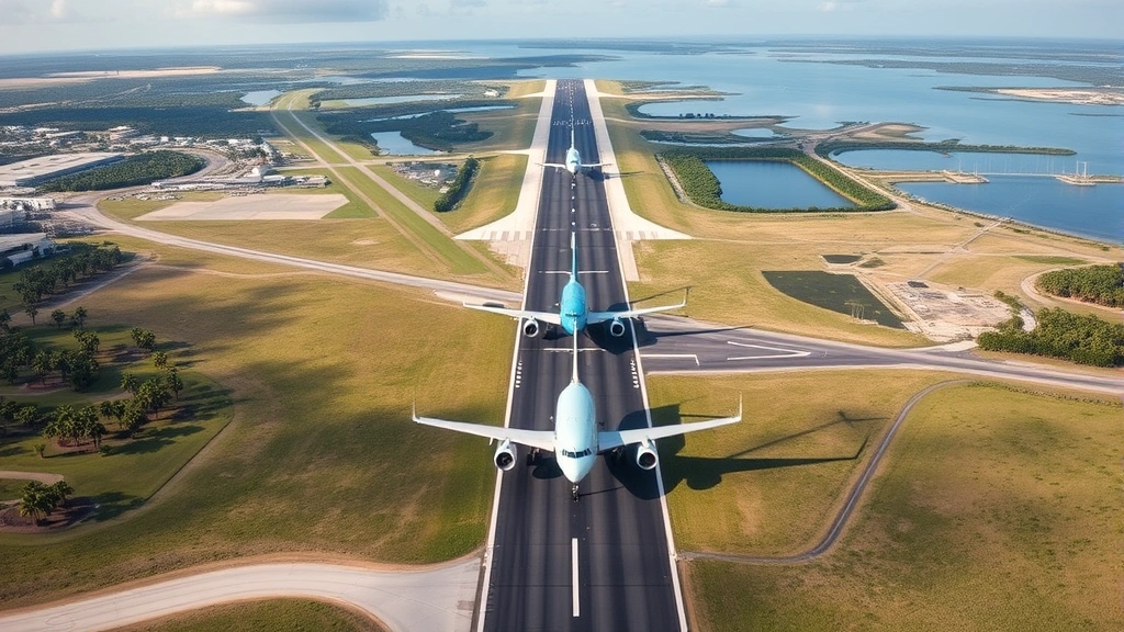 Aerial view of Fort Myers Regional Airport runway with commercial aircraft, surrounding Southwest Florida landscape with palm trees and water features visible