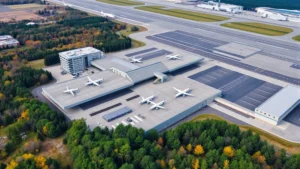 Aerial view of Manchester Airport terminal building with aircraft parked at gates, surrounded by New England landscape with trees and runway infrastructure visible