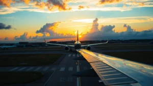 Aerial view of Detroit Metropolitan Airport runway with commercial aircraft taking off toward sunrise, puffy clouds, morning light reflecting on aircraft fuselage, vibrant sky colors