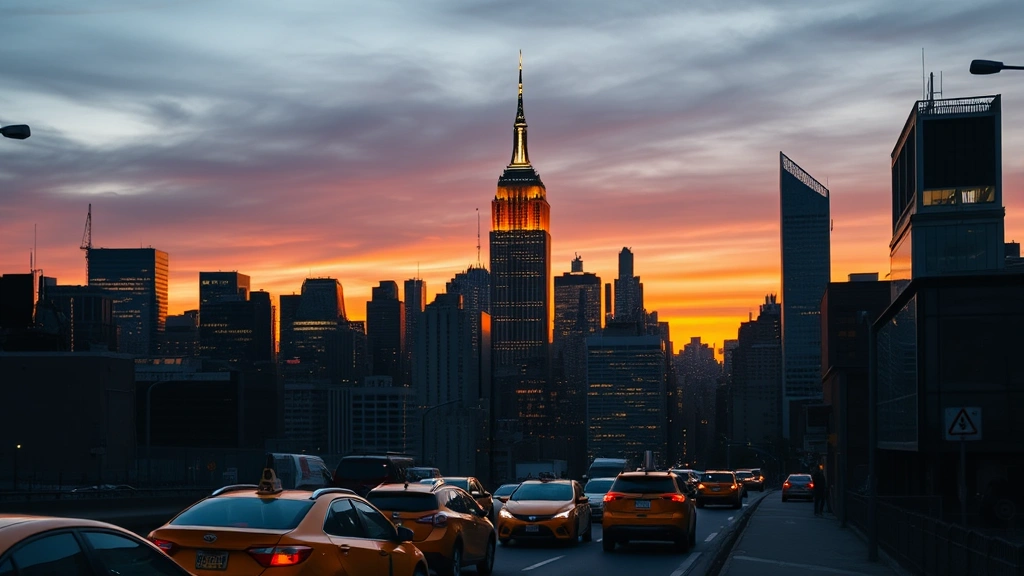 New York City skyline at sunset with yellow taxicabs on street below, Empire State Building illuminated, Manhattan skyscrapers glowing, urban landscape, evening atmosphere