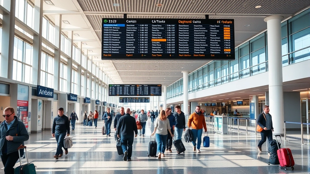 Modern airport terminal interior with departure boards, travelers with luggage walking through spacious corridors, natural light from windows, busy but organized atmosphere