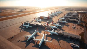 Aerial view of Dallas Fort Worth International Airport with commercial aircraft lined up at gates, morning sunlight, professional photography