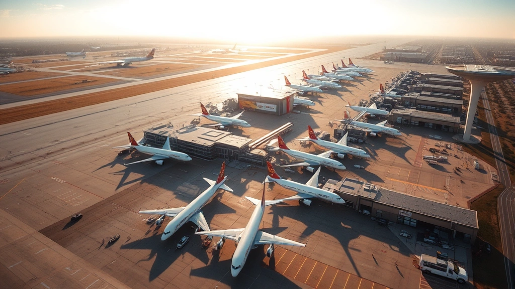Aerial view of Dallas Fort Worth International Airport with commercial aircraft lined up at gates, morning sunlight, professional photography