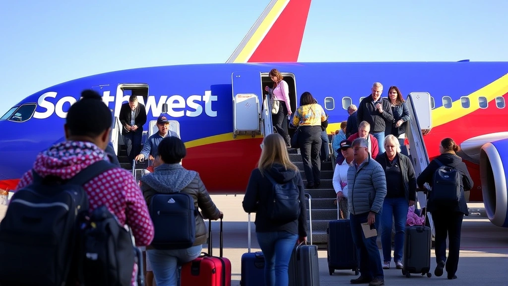 Passengers boarding Southwest Airlines aircraft at Dallas Love Field airport, natural lighting, diverse travelers with luggage, authentic travel scene