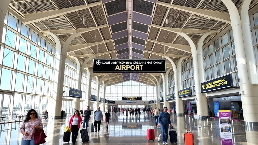 Louis Armstrong New Orleans International Airport terminal interior with modern architecture, travelers walking with luggage, vibrant Louisiana atmosphere