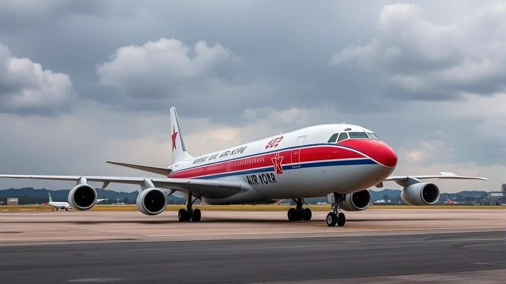 An Ilyushin IL-62 aircraft painted in Air Koryo livery on the tarmac at Pyongyang Sunan International Airport with distinctive North Korean flag markings, dramatic overcast sky, professional aviation photography