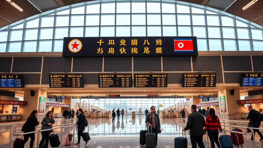 Beijing Capital International Airport departures hall with modern architecture, travelers with luggage, departure boards, professional travel photography showing gateway city before North Korean journey