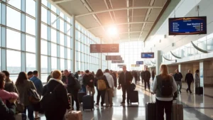 Austin airport departure hall with modern architecture, travelers with luggage, natural daylight streaming through large windows, bustling terminal atmosphere