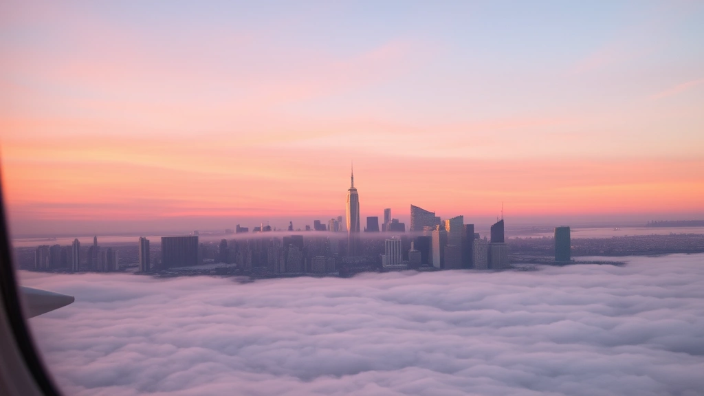 NYC skyline at sunrise with Manhattan buildings silhouetted against pink and orange sky, taken from airplane window mid-flight, clouds below cityscape