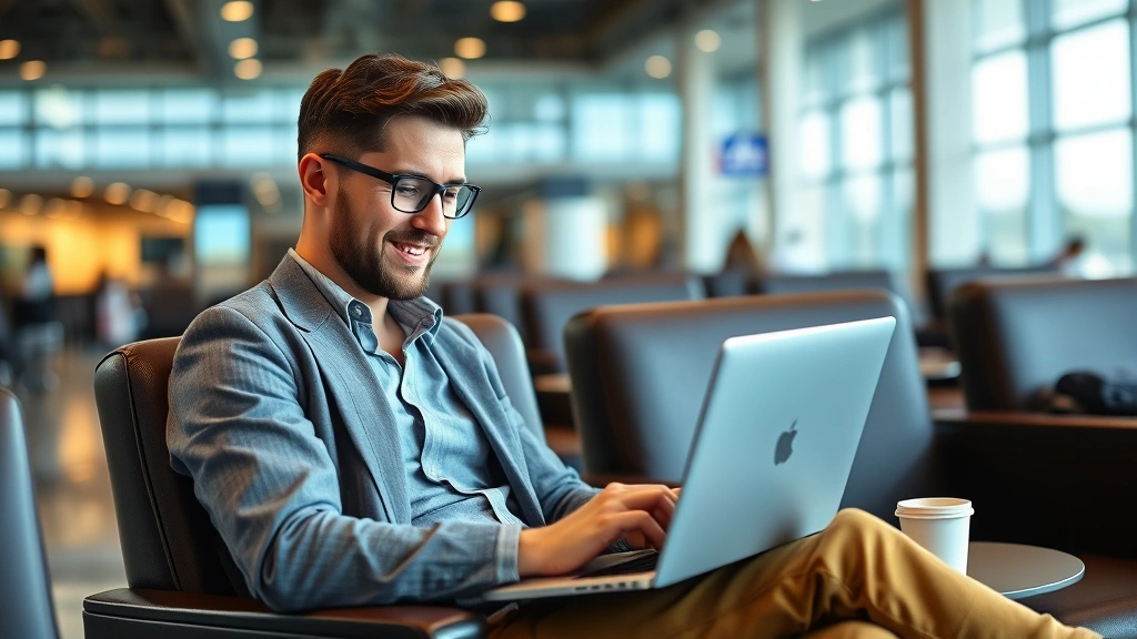 Budget traveler sitting in airport lounge checking flight deals on laptop, coffee cup nearby, relaxed professional appearance, modern airport seating area in background